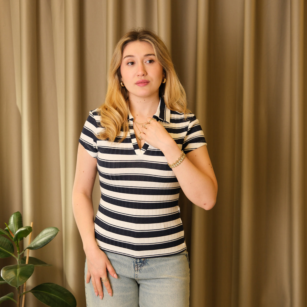 Polo Yaka Çizgili Bluz